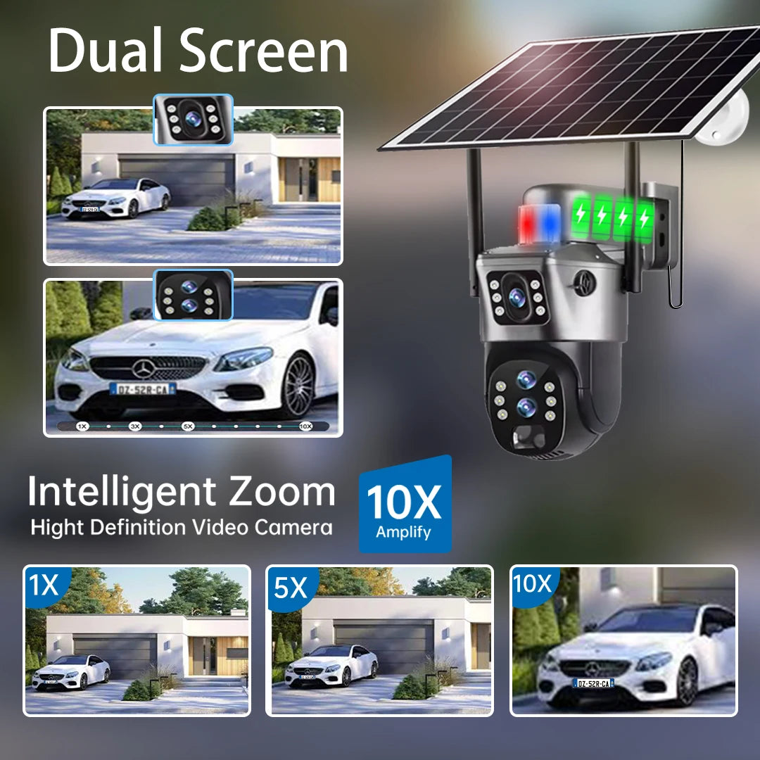 GPS solar powered outdoor security camera with dual lenses, two way viewing, built in battery, and 10X intelligent zoom shown monitoring a driveway and car