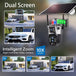 GPS solar powered outdoor security camera with dual lenses, two way viewing, built in battery, and 10X intelligent zoom shown monitoring a driveway and car
