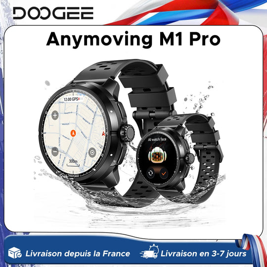 DOOGEE Anymoving M1 Pro tactical smartwatch shown in black with a map navigation display and AI watch face over splashing water