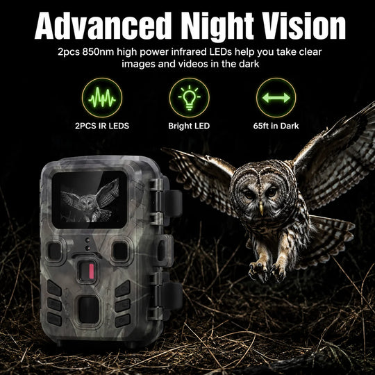 Trail camera beside a flying owl with advanced night vision graphic showing infrared LEDs, bright LED, and 65 feet of dark range
