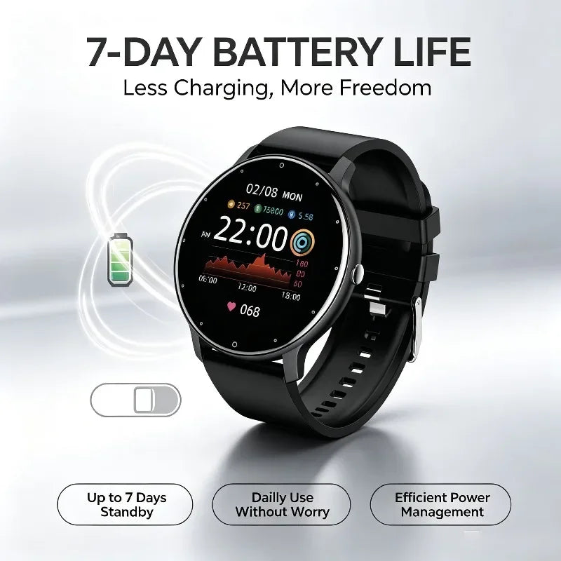 Black fitness smartwatch displaying 7 day battery life with battery icon and efficient power management features