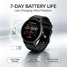 Black fitness smartwatch displaying 7 day battery life with battery icon and efficient power management features