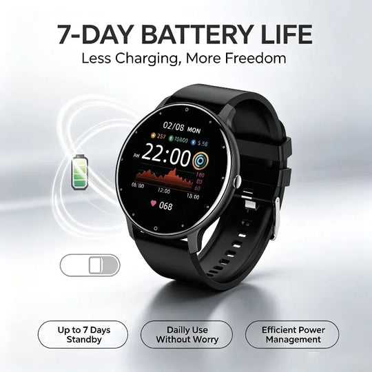 Black fitness smartwatch showing health data with seven day battery life and efficient power management