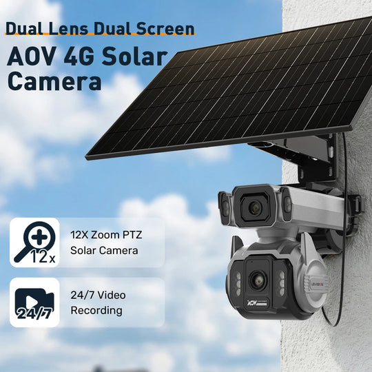 GPS outdoor solar security camera with dual lenses, 12x zoom PTZ, wall mount, large solar panel, and 24 7 video recording in daylight.
