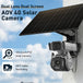 GPS outdoor solar security camera with dual lenses, 12x zoom PTZ, wall mount, large solar panel, and 24 7 video recording in daylight.