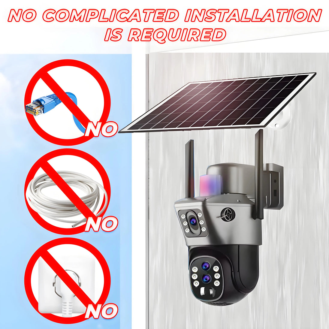 GPS solar outdoor security camera with built in solar panel shown with no cables or complicated installation required