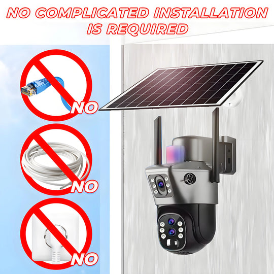 GPS solar outdoor security camera with built in solar panel shown with no cables or complicated installation required