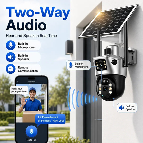 GPS solar powered PTZ security camera with dual lenses mounted outdoors, featuring two way audio, built in microphone and speaker, and smartphone live view control