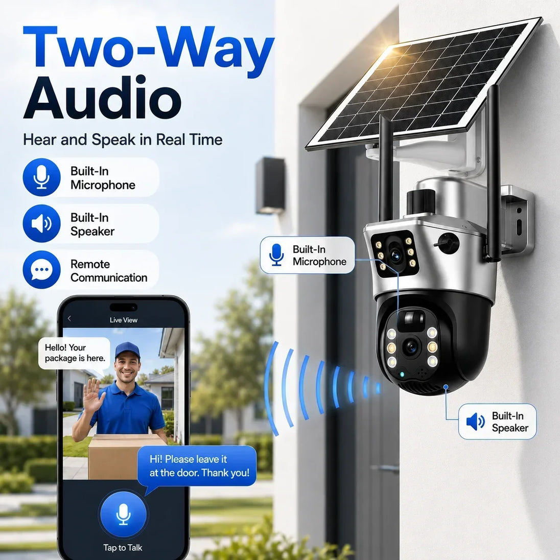 GPS solar powered PTZ security camera mounted outdoors with dual lenses, built in microphone and speaker, shown with smartphone live view and two way audio controls