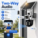 GPS solar powered PTZ security camera mounted outdoors with dual lenses, built in microphone and speaker, shown with smartphone live view and two way audio controls