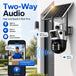 GPS solar powered PTZ security camera mounted outdoors with dual lenses, built in microphone and speaker, shown with smartphone live view and two way audio controls