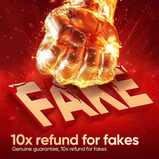 Promotional graphic with a glowing golden fist and text stating 10x refund for fakes and genuine guarantee