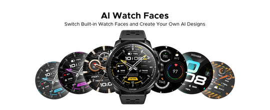 DOOGEE Anymoving M1 Pro smartwatch displayed with multiple AI watch face designs