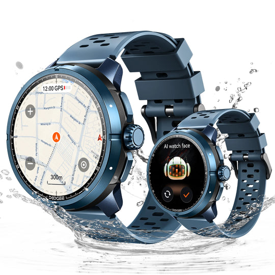 DOOGEE Anymoving M1 Pro tactical smartwatches showing GPS map and AI watch faces with water splashing around them