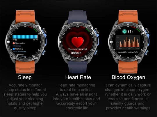 Outdoor smartwatch with orange and navy straps displaying sleep tracking heart rate and blood oxygen monitoring screens