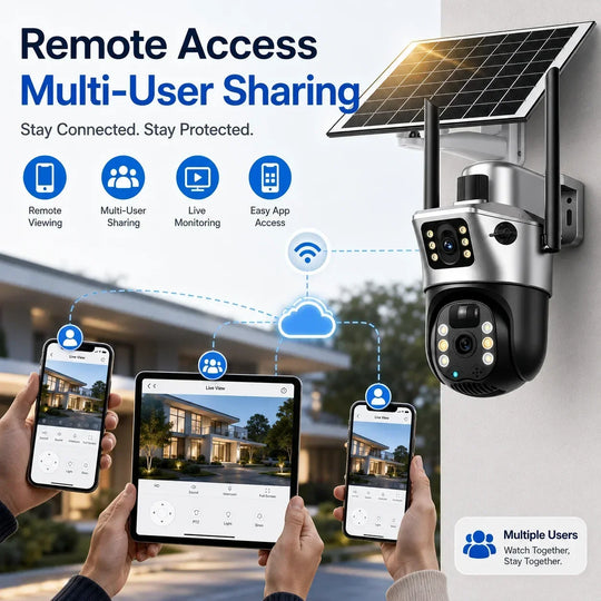 GPS solar powered dual lens PTZ security camera mounted outdoors with remote monitoring on phones and tablet for multi user access and live home surveillance