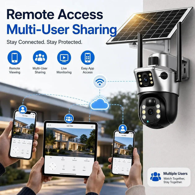 GPS solar powered dual lens PTZ security camera mounted outdoors with remote monitoring on phones and tablet for multi user access and live home surveillance