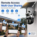 GPS solar powered dual lens PTZ security camera mounted outdoors with remote monitoring on phones and tablet for multi user access and live home surveillance