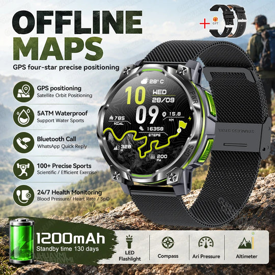 Tactical GPS smartwatch with offline maps 1200mAh battery built in flashlight compass altimeter and health monitoring features
