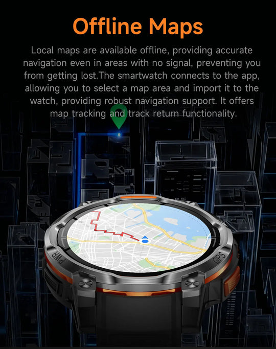 Tactical GPS smartwatch displaying an offline map with route navigation and a location marker, with Offline Maps text above