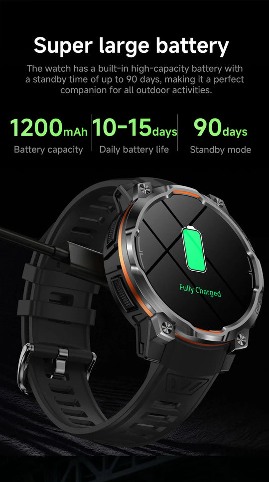Tactical GPS smartwatch with 1200mAh battery, 10 to 15 days of daily use and 90 days standby time shown on screen