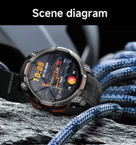 Scene diagram showing a rugged GPS smartwatch with a map display resting on outdoor climbing rope