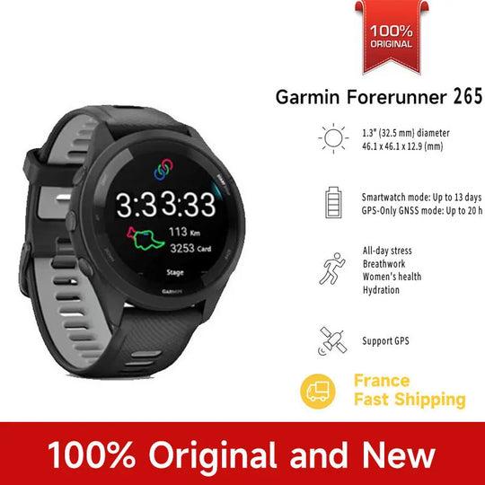 Garmin Forerunner 265 black GPS smartwatch with round display, silicone band, health tracking icons and battery life details.