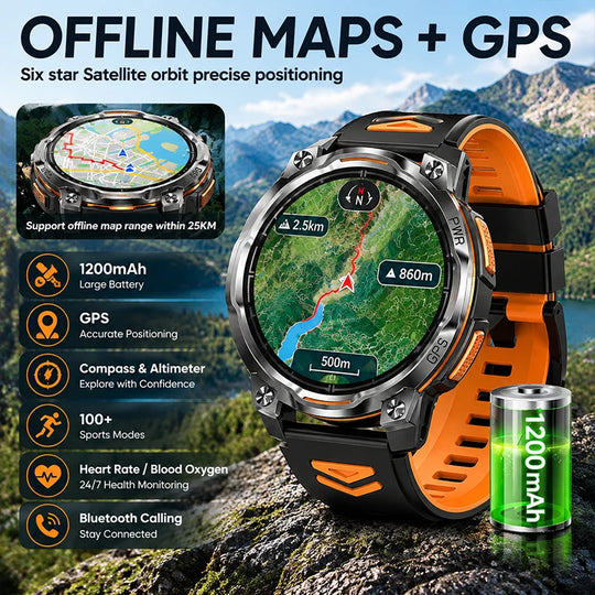 Black and orange GPS smartwatch displaying an offline map with compass, altitude, 1200mAh battery and outdoor feature icons