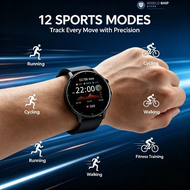 Fitness smartwatch on a wrist displaying 22:00 with 12 sports modes including running, cycling, walking, and fitness training