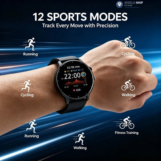 GPS smartwatch on a wrist with a digital display, surrounded by icons for running, cycling, walking and fitness training, highlighting 12 sports modes