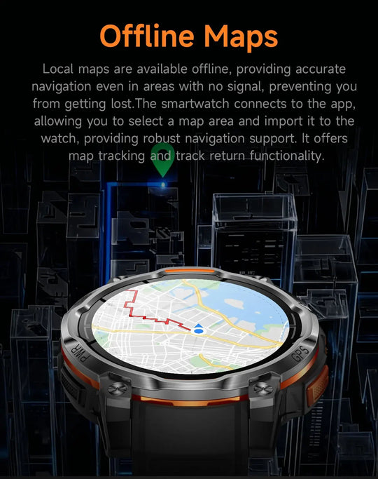 GPS outdoor tactical smartwatch displaying offline maps for navigation on a dark futuristic background for men and women in Ireland