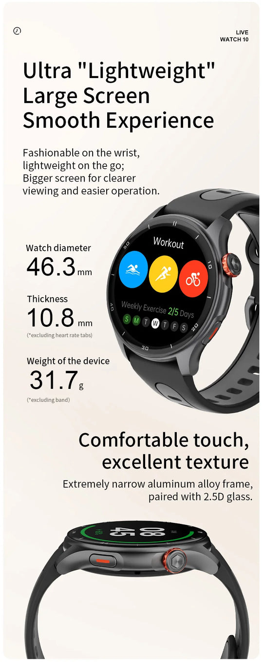 Infographic of GPS LW10 smartwatch showing 46.3 mm diameter, 10.8 mm thickness, 31.7 g weight and touchscreen display