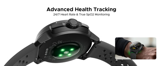 DOOGEE Anymoving M1 Pro smartwatch underside showing green health sensors for heart rate and blood oxygen monitoring