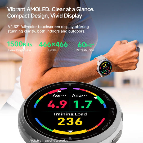 iGPSPORT VeRun sports watch with colorful AMOLED display showing training load 236 and heart rate metrics on the wrist