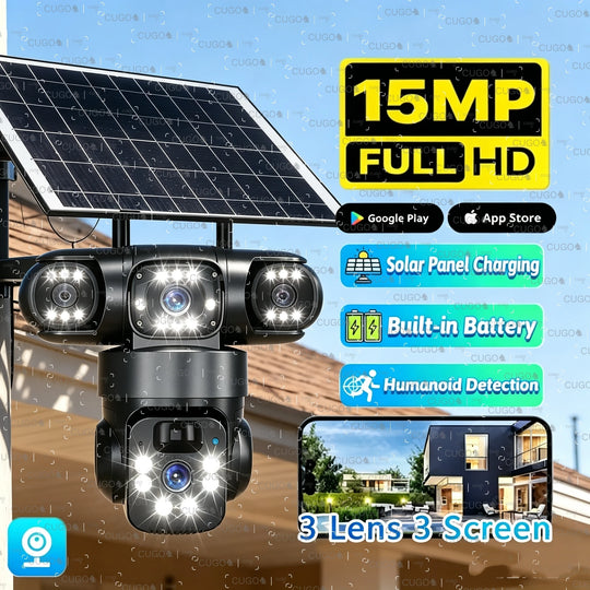 GPS outdoor solar security camera with three lenses, built in battery, solar panel charging, human detection, and three screen monitoring display