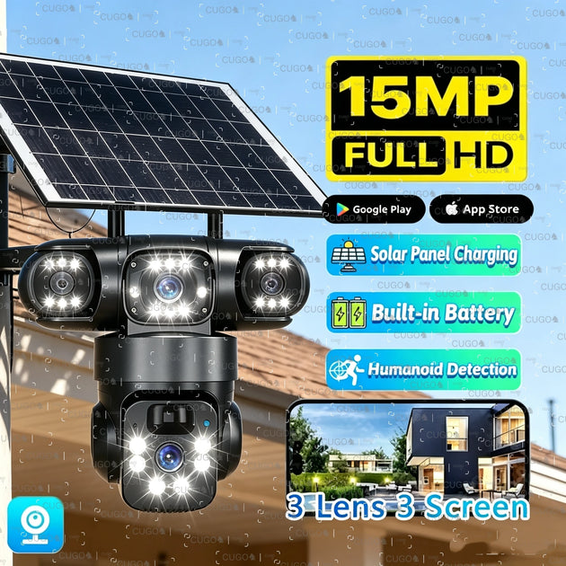 GPS outdoor solar security camera with three lenses, built in battery, solar panel charging, human detection, and three screen monitoring display