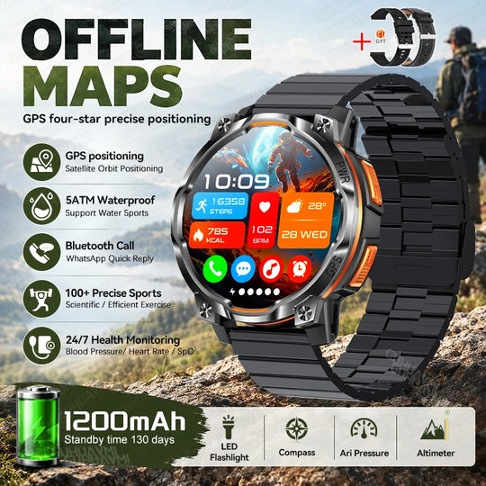 Promotional image of a tactical GPS smartwatch with offline maps, 1200mAh battery, flashlight, compass and health monitoring features