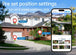 GPS outdoor security camera app showing preset viewing positions on a house, with a smartphone displaying live monitoring and selectable preset views