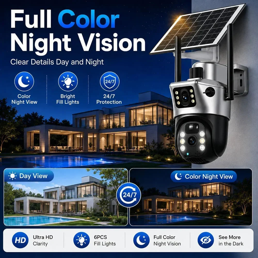 GPS solar powered PTZ security camera with dual lenses and full color night vision, shown with its solar panel and day and night views of a modern home