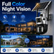 GPS solar powered PTZ security camera with dual lenses and full color night vision, shown with its solar panel and day and night views of a modern home