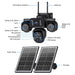 GPS four lens outdoor solar security camera diagram showing antennas, white and infrared LEDs, lenses, PIR sensor, microphone, solar panels and mounting bracket