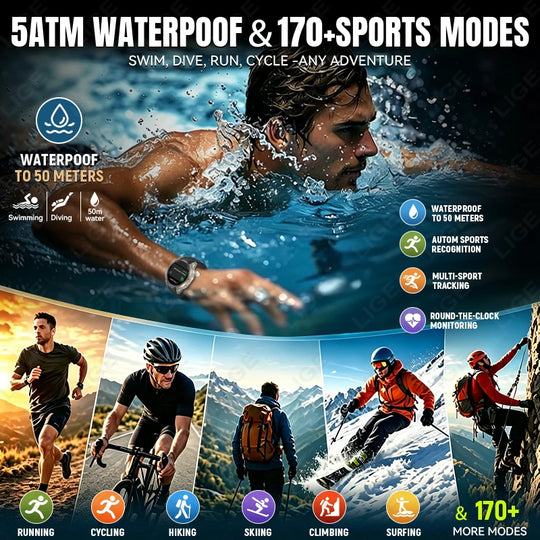 Promotional infographic for a GPS smartwatch showing 5ATM waterproofing, 170 plus sports modes, swimming, running, cycling, hiking, skiing, climbing and surfing