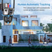 GPS outdoor security camera illustration showing human automatic tracking, with a multi lens camera rotating to follow people moving around a home