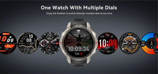Rugged smartwatch displayed with multiple interchangeable digital and analog watch faces on a dark background