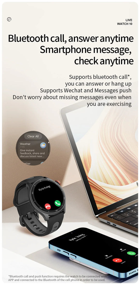 GPS outdoor smartwatch displaying call and message notifications beside a tablet and smartphone