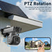 GPS outdoor PTZ security camera mounted beneath a solar panel, showing 355 degree pan and 100 degree tilt controlled through a smartphone app