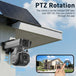 GPS outdoor PTZ security camera mounted beneath a solar panel, showing 355 degree pan and 100 degree tilt controlled through a smartphone app