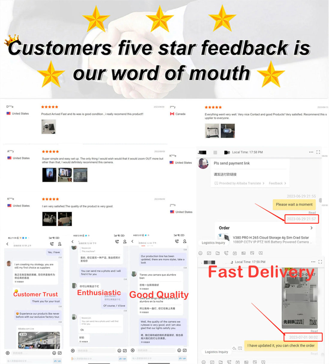 GPS customer feedback collage showing five star reviews, customer testimonials, product photos, and fast delivery updates for a solar outdoor surveillance camera