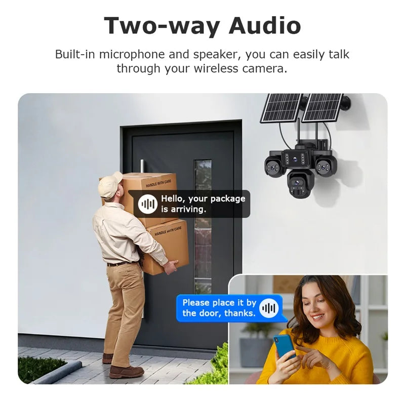 GPS outdoor solar security camera shown with two way audio, allowing a homeowner to speak with a delivery person at the door through a mobile phone app