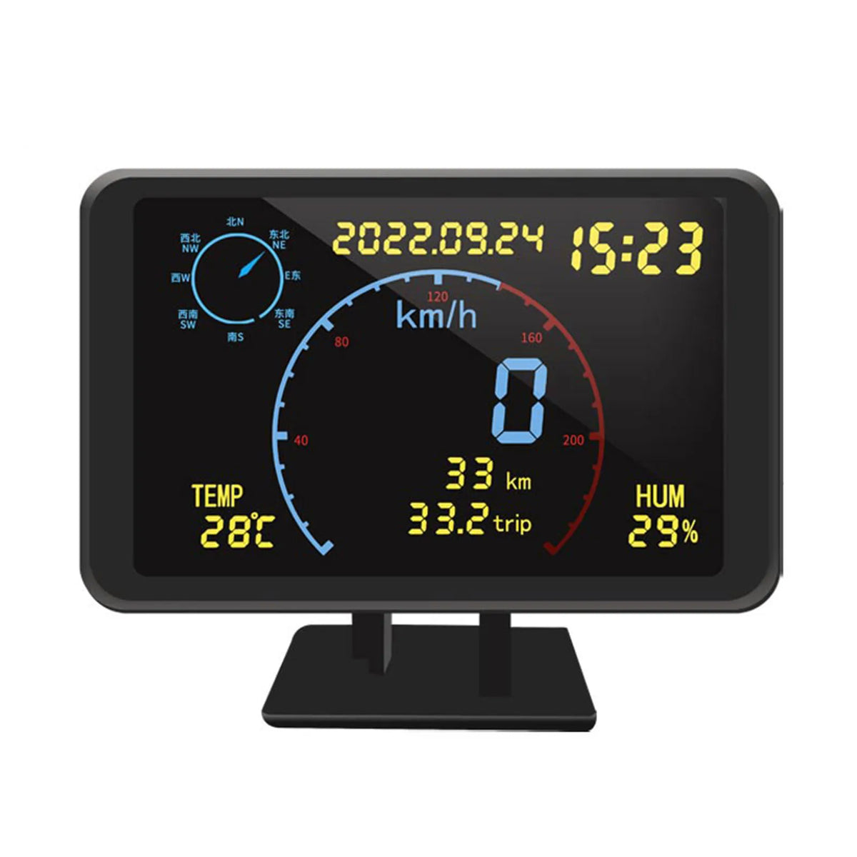 GPS digital speedometer HUD display showing speed, GPS heading, time, temperature, humidity, trip distance and odometer readings